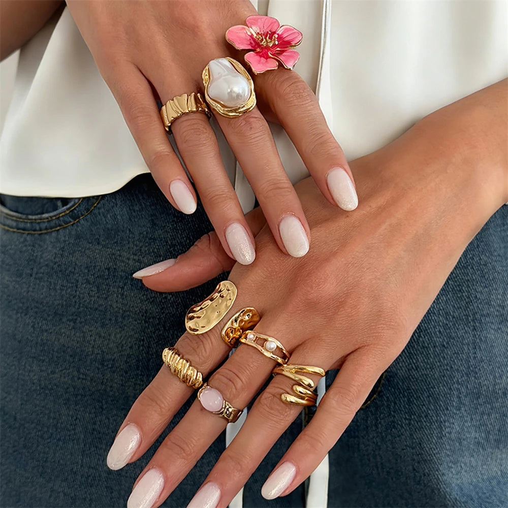 Lot de 8 bagues vintage roses en métal avec fleurs pour femme, style punk élégant, perles baroques, bagues de phalange, bijoux pour soirée et usage quotidien