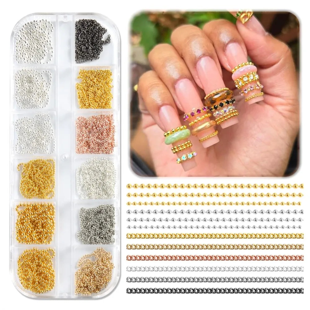 12 grilles de chaînes à ongles 3D en or, argent, gris foncé et rose, style gothique punk, breloques en métal pour nail art, chaînes en alliage, décorations pour manucure