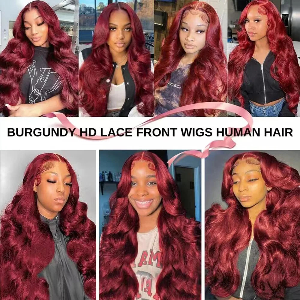 Perruque Lace Front Wig Body Wave Brésilienne Naturelle, Cheveux Humains, Couleur Rouge Bordeaux 99j, 13x6, 13x4, 30 ou 36 Pouces, Densité 200, pour Femme