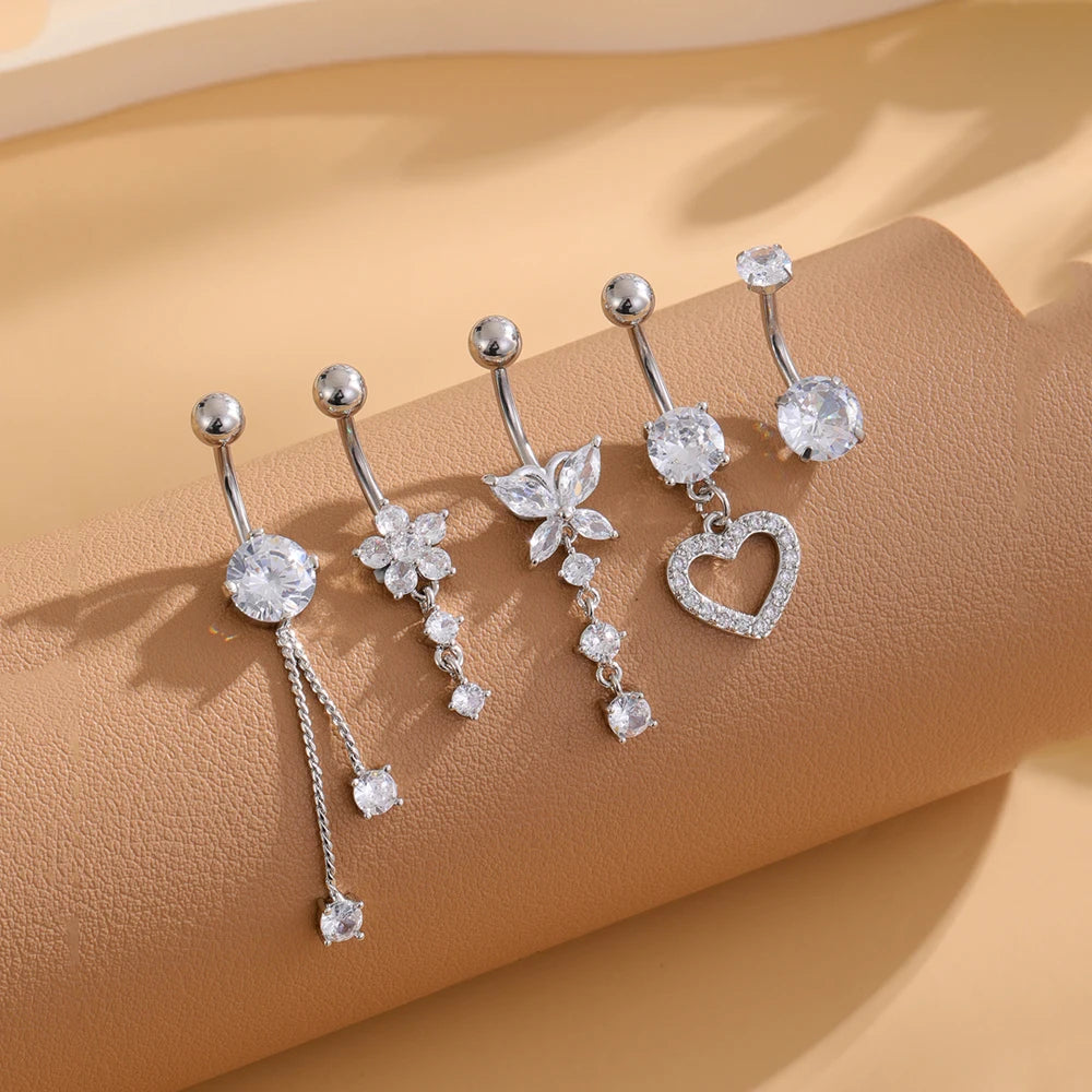 3-5 pièces ensembles de styles mixtes coeur fleur balancent nombril anneaux en acier inoxydable papillon incurvé Zircon ventre Piercing nombril anneau
