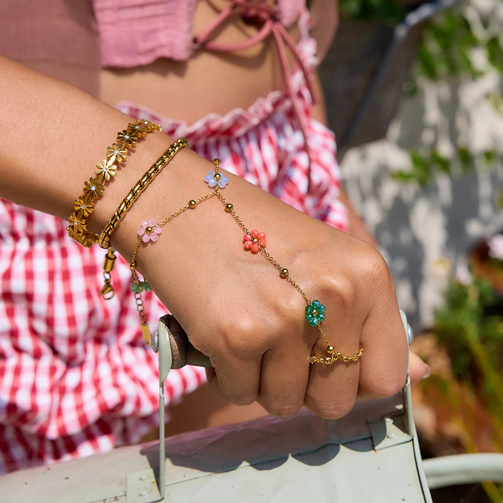 Nouveau Bracelet de Main et de Doigt Étanche en Perles de Cristal Colorées Dopamine avec Fleur pour Femme, Accessoires de Bijoux en Acier Inoxydable