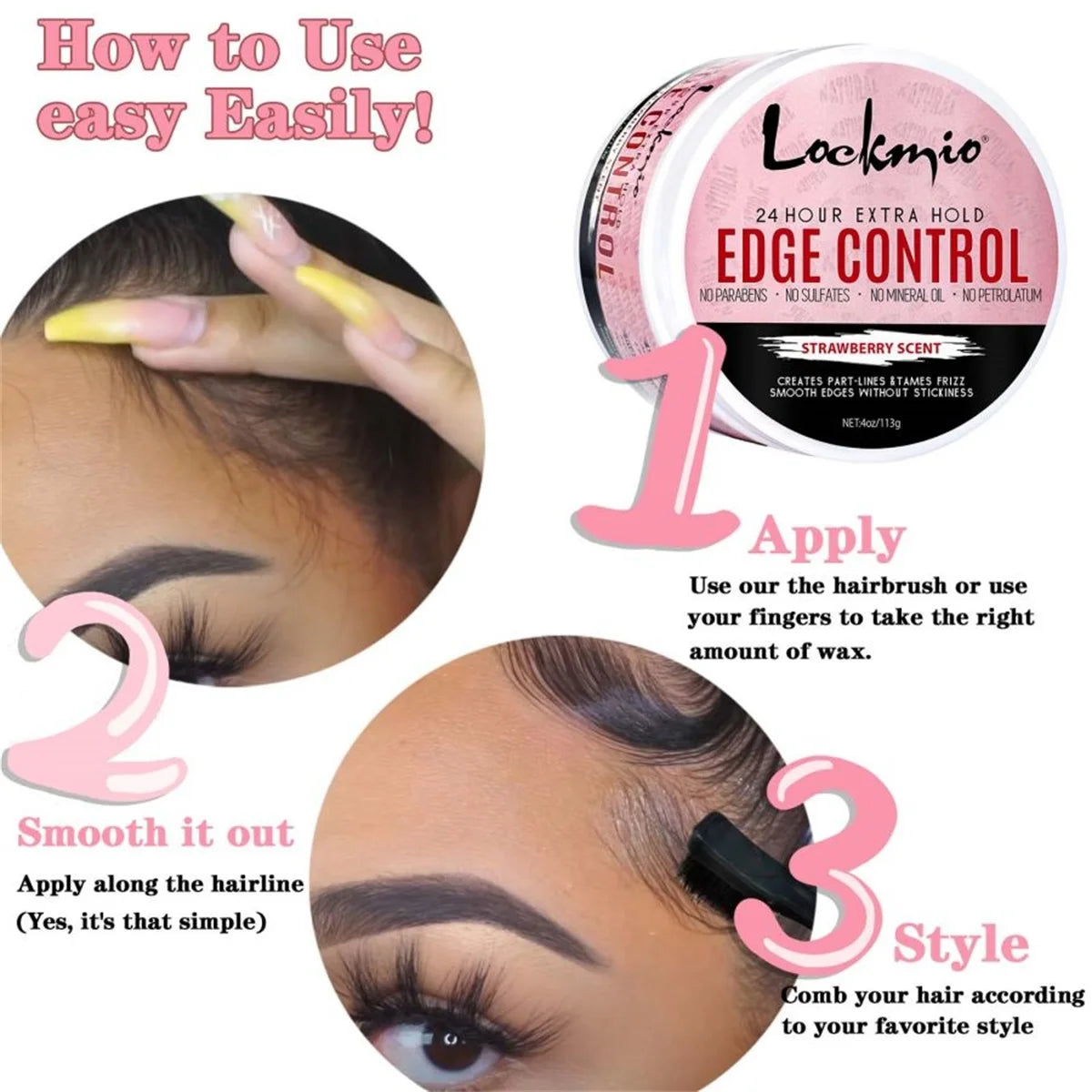Cire coiffante LOCKMIO 4oz pour femmes, gel fixateur pour franges, crème de finition pour cheveux naturels 4C et perruques, pommade coiffante pour la ligne des cheveux