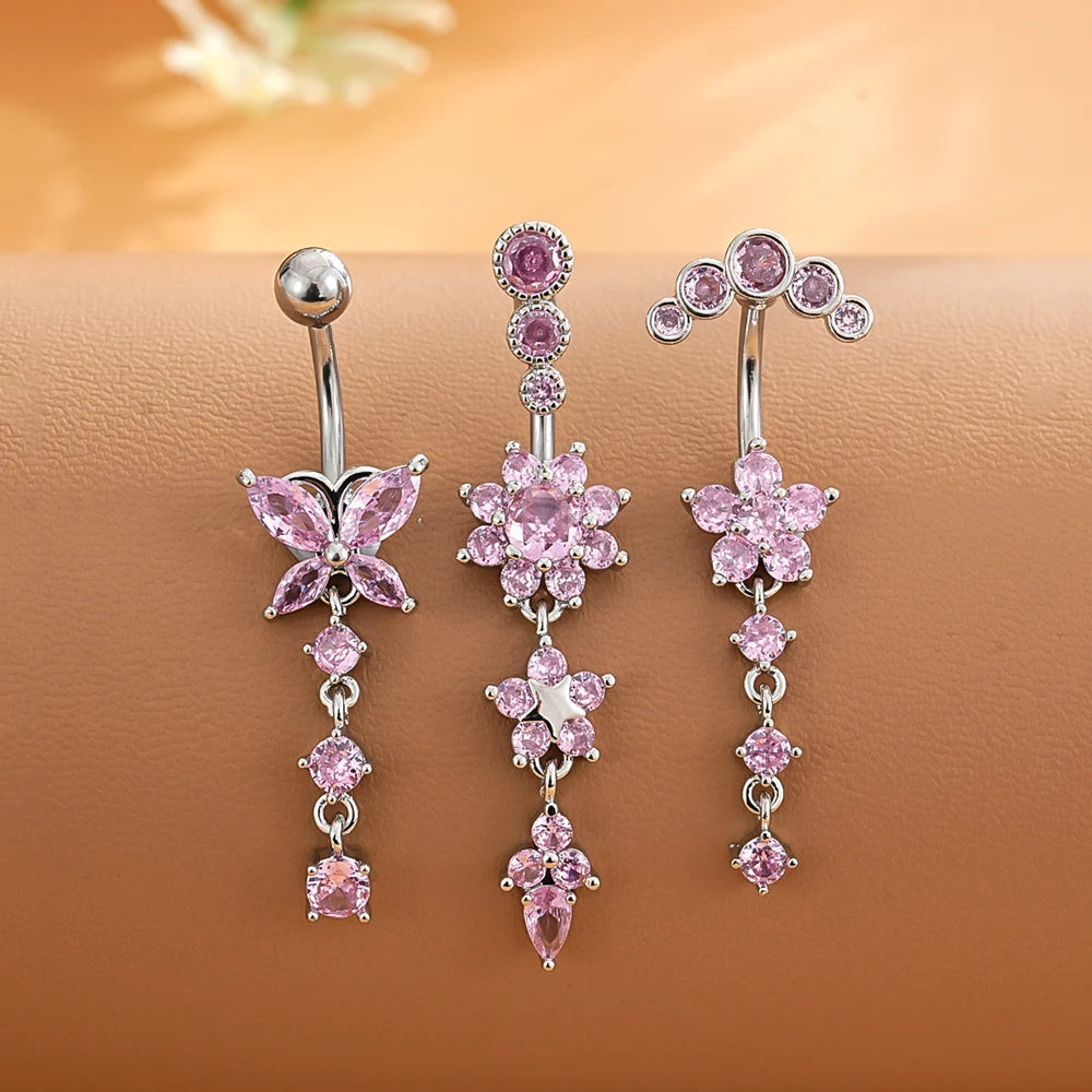 3-5 pièces ensembles de styles mixtes coeur fleur balancent nombril anneaux en acier inoxydable papillon incurvé Zircon ventre Piercing nombril anneau
