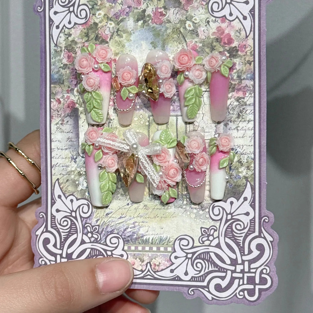 Romantique Floral 3D presse sur ongles à la main Roses feuilles perles arcs mariée mariage Nail Art faux ongles colle sur les ongles pour les femmes