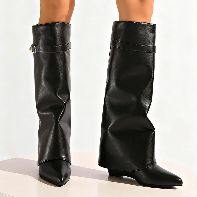 Bottes hautes jusqu’aux genoux en cuir PU noir pour femme, bottes sexy à bout pointu et tige droite, style punk féminin, bottes longues à talons compensés hauts pour femme.
