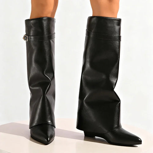 Bottes hautes jusqu’aux genoux en cuir PU noir pour femme, bottes sexy à bout pointu et tige droite, style punk féminin, bottes longues à talons compensés hauts pour femme.
