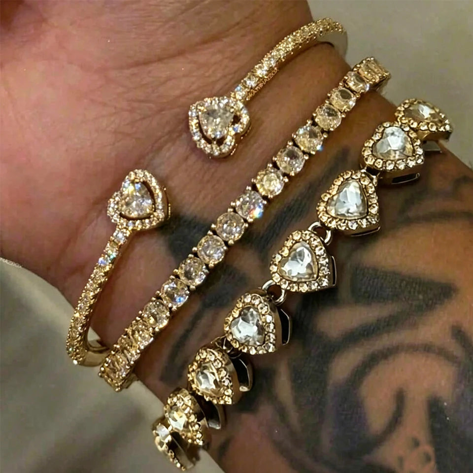 Yupsk Ensemble de bracelets tennis à strass géométriques en forme de cœur, style Hip Hop, pour femmes et hommes, bijoux empilables tendance punk urbain