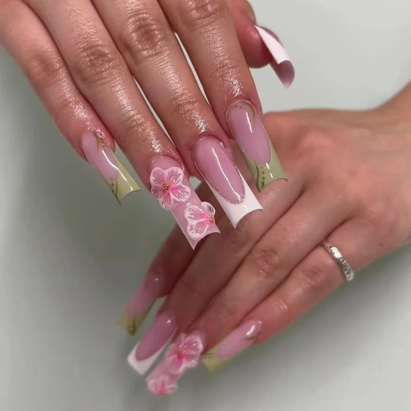 24 faux ongles longs carrés à presser, motif léopard, design cerise 3D, strass, couvrance totale, prêts à poser