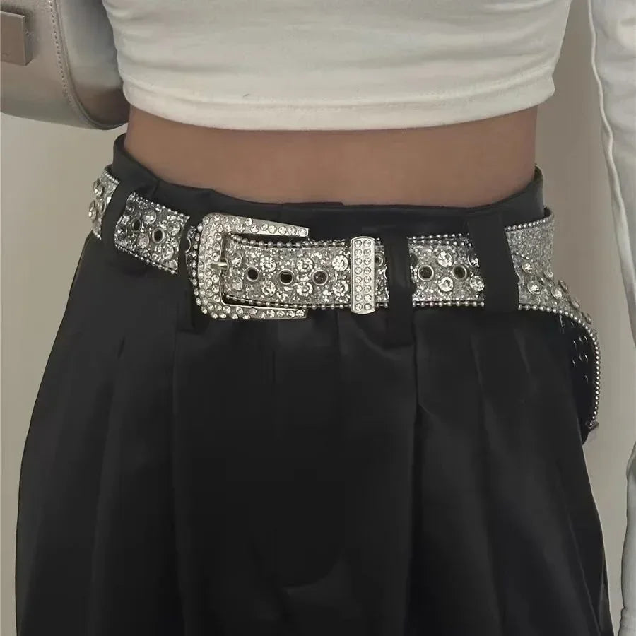 Ceinture femme mode Y2K – imprimé uni, cloutée, entièrement ornée de strass, en cuir PU, brillante style cristal, réglable, ceinture scintillante pour club et soirée