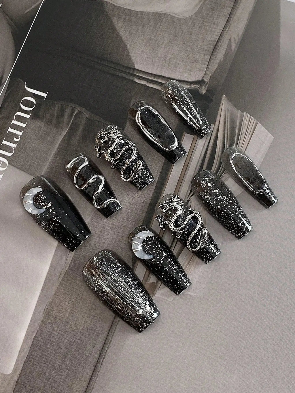 10 pièces ongles à pression ongles cercueil faits à la main série Dragon foncé paillettes fines paillettes détachables ongles réutilisables