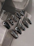 10 pièces ongles à pression ongles cercueil faits à la main série Dragon foncé paillettes fines paillettes détachables ongles réutilisables