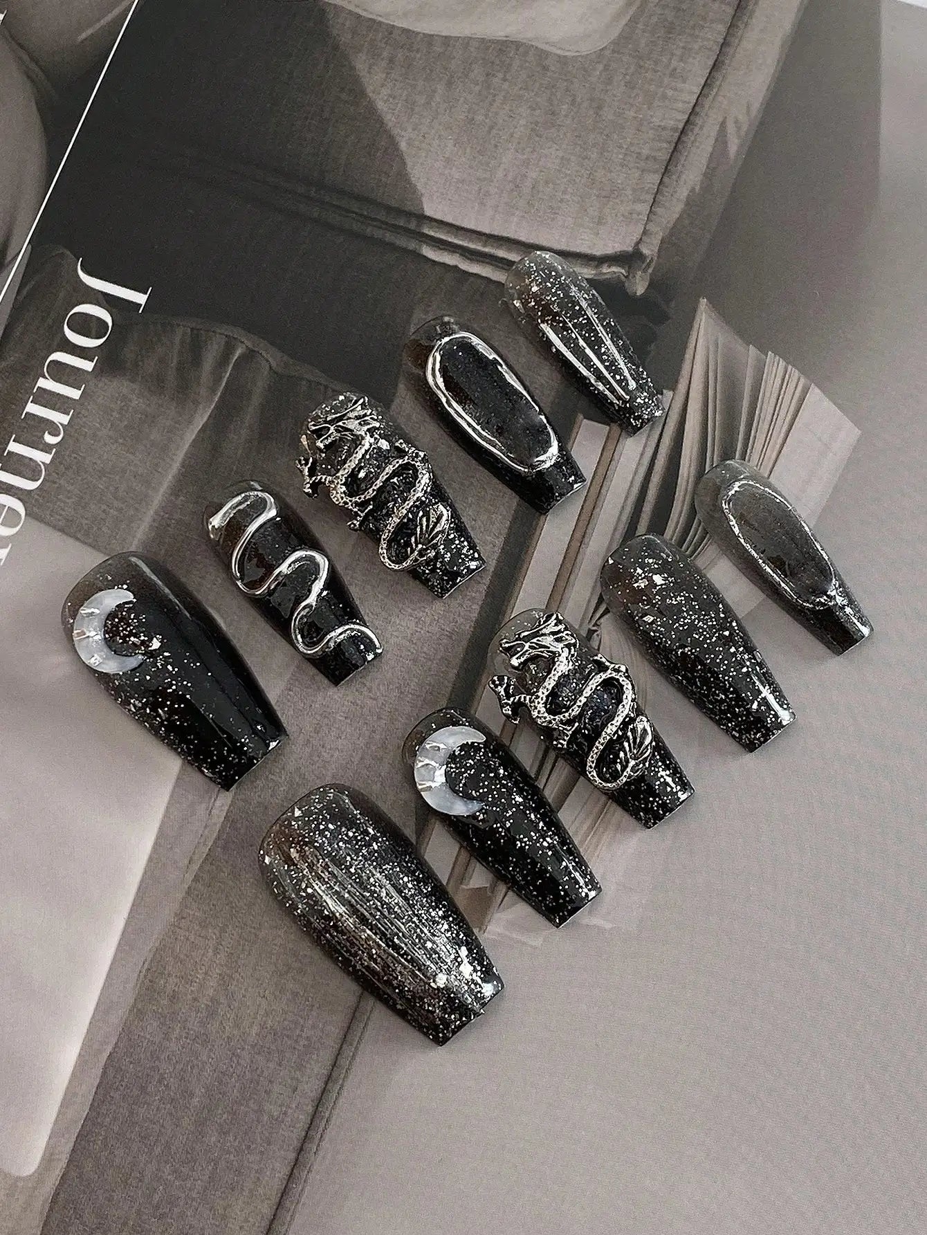 10 pièces ongles à pression ongles cercueil faits à la main série Dragon foncé paillettes fines paillettes détachables ongles réutilisables