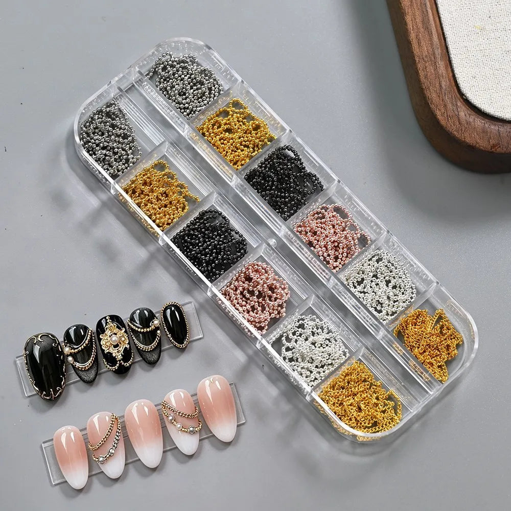 12 grilles de chaînes à ongles 3D en or, argent, gris foncé et rose, style gothique punk, breloques en métal pour nail art, chaînes en alliage, décorations pour manucure