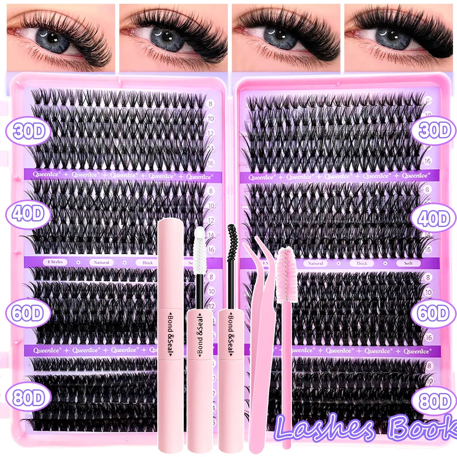 Kit d’extensions de cils DIY en bouquets – Faux cils individuels à poser soi-même, longueurs de 9 à 16 mm. Effet léger et naturel (wispy). Kit complet incluant colle (bond) et fixateur (seal) pour une meilleure tenue des cils