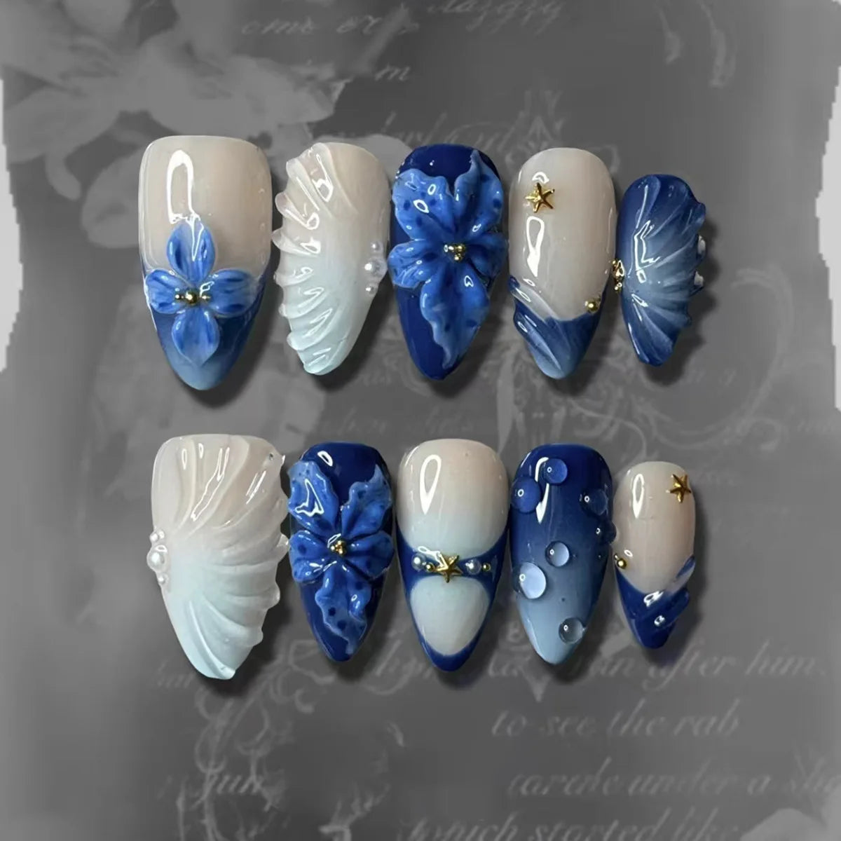 24 pièces mi-long doré amande ongles ensemble presse sur 3D fleur dégradé rose couverture complète faux ongles conseils perle réutilisable faux ongles