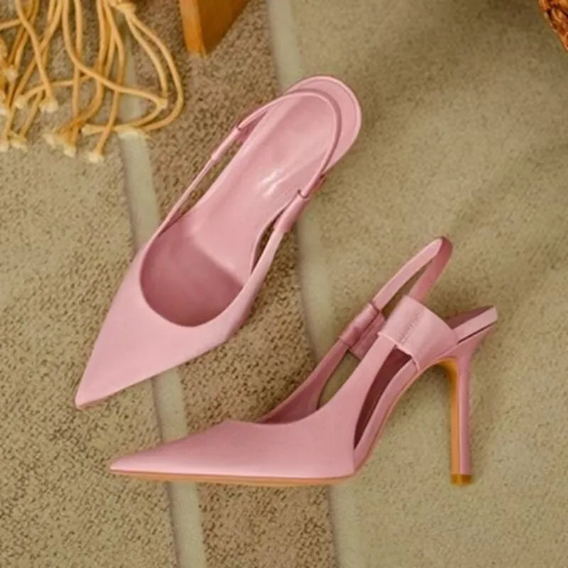 Sandales pour femmes nouvelle collection été, talons hauts, bout fermé, sandales à bride simple, talon moyen fin, style tendance ajouré, sandales à bout pointu pour femmes.