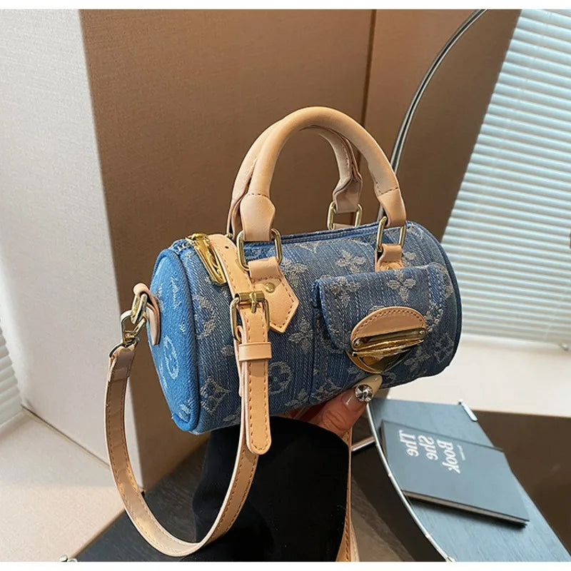 Sacs en jean tendance pour femmes, sacs bandoulière élégants et polyvalents, sacs à main cylindriques ronds à la mode