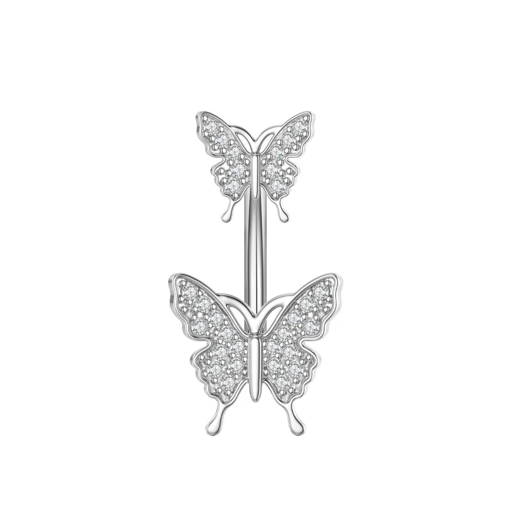 1 pièce Anneau de nombril incurvé en acier inoxydable couleur or avec cristaux CZ, motif papillon abeille, 14G, avec pendentif