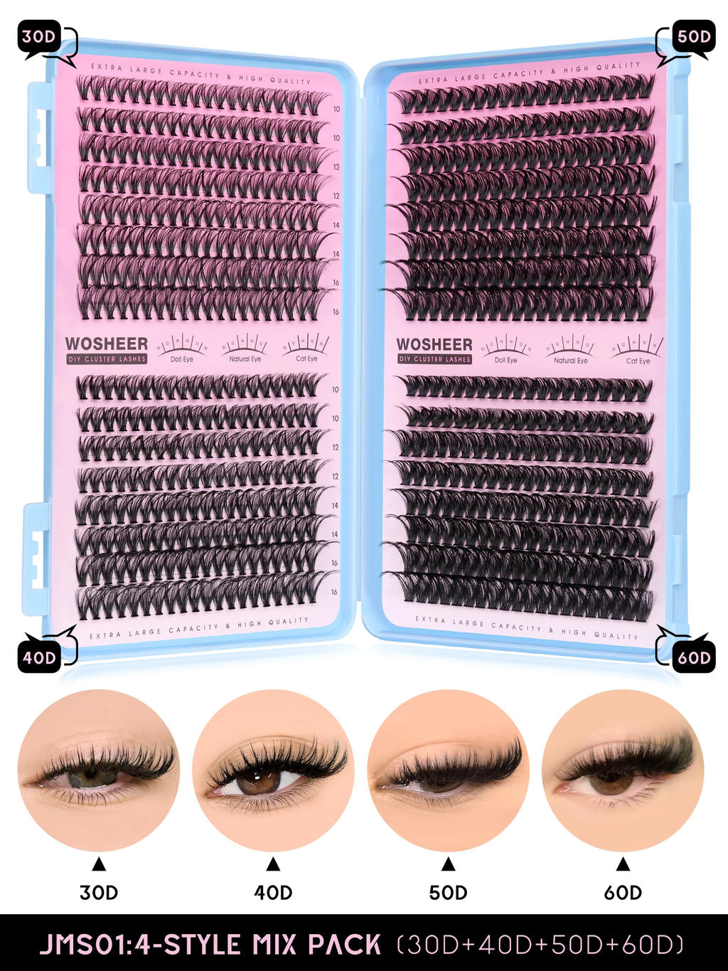 Kit de bouquets de faux cils – Extensions de cils individuelles en bouquets, effet volumineux et léger, plateau de tailles mixtes, avec colle et fixateur pour cils (Lash Bond & Seal) ainsi qu’une pince applicatrice incluse.
