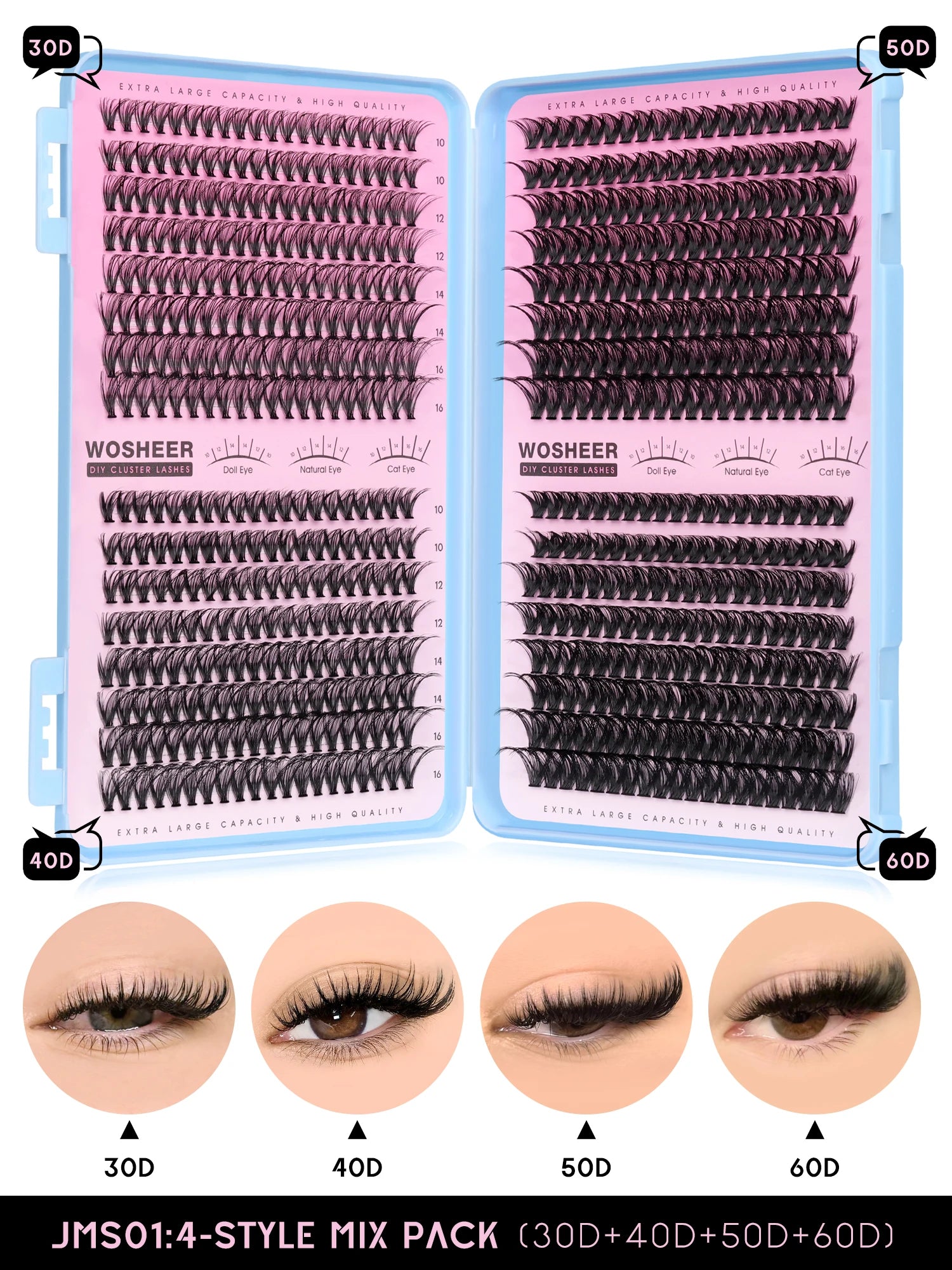 Kit de bouquets de faux cils – Extensions de cils individuelles en bouquets, effet volumineux et léger, plateau de tailles mixtes, avec colle et fixateur pour cils (Lash Bond & Seal) ainsi qu’une pince applicatrice incluse.