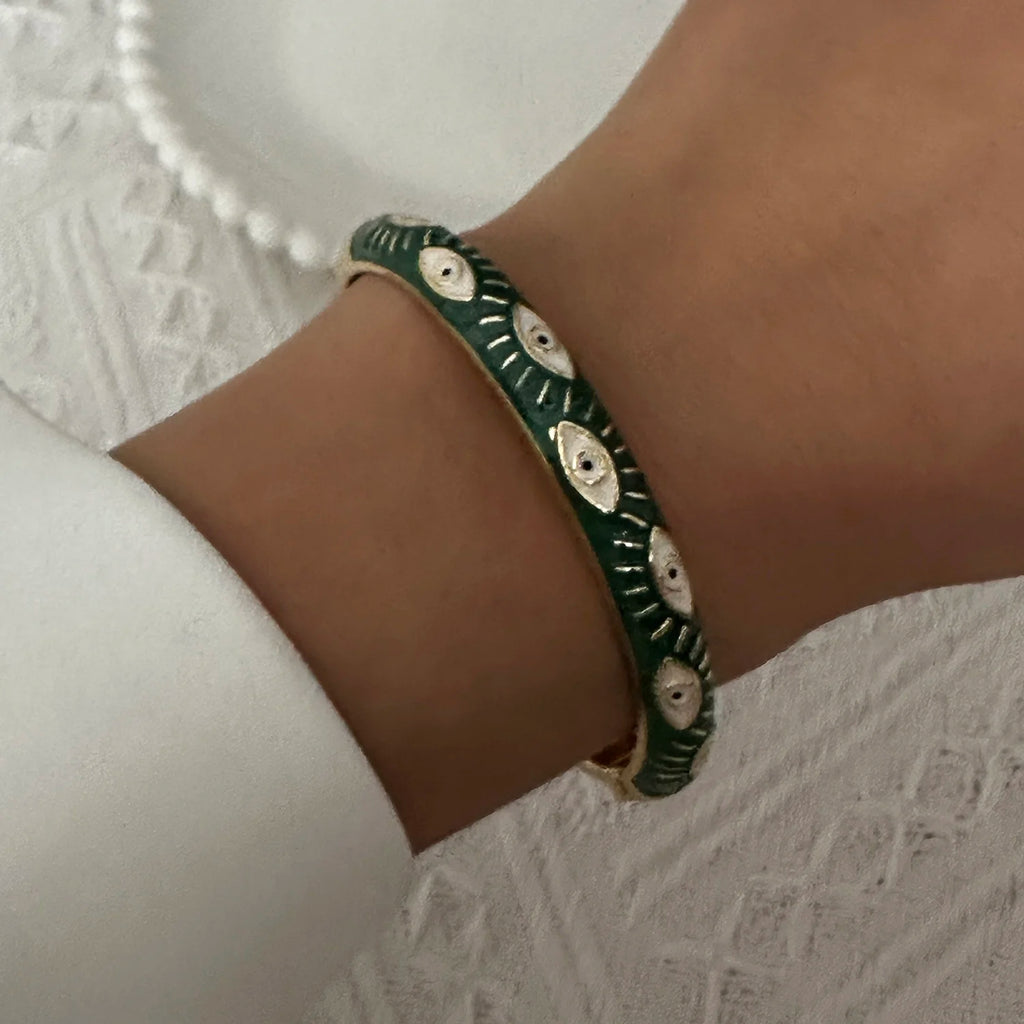 Bracelet élégant en émail goutte d'eau à texture florale pour femme, plaqué or rétro, avec zircon floral et motif œil porte-bonheur, bijou de fête