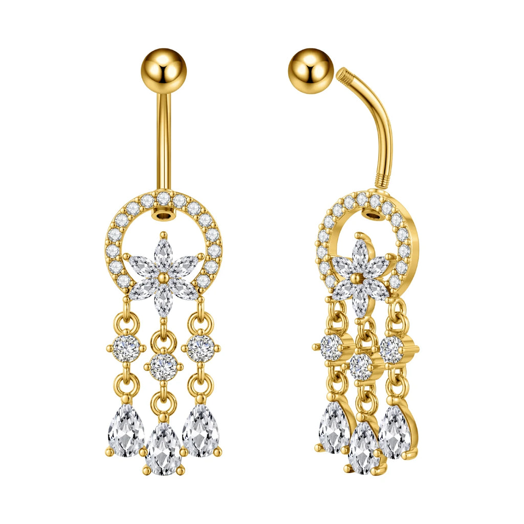 Anneaux de nombril série couleur or, carillon éolien, fleur pendante, cœur, anneau de ventre en acier inoxydable, bijoux de perçage de nombril, 1 pièce