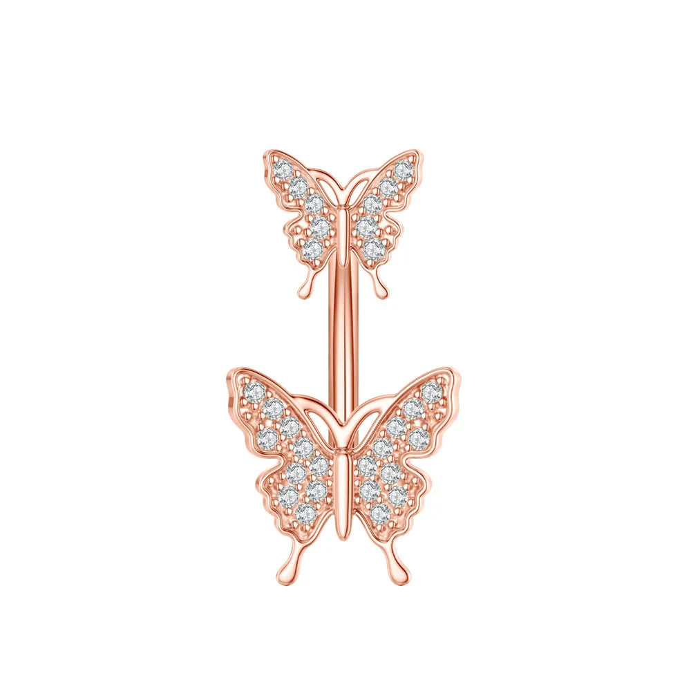1 pièce Anneau de nombril incurvé en acier inoxydable couleur or avec cristaux CZ, motif papillon abeille, 14G, avec pendentif