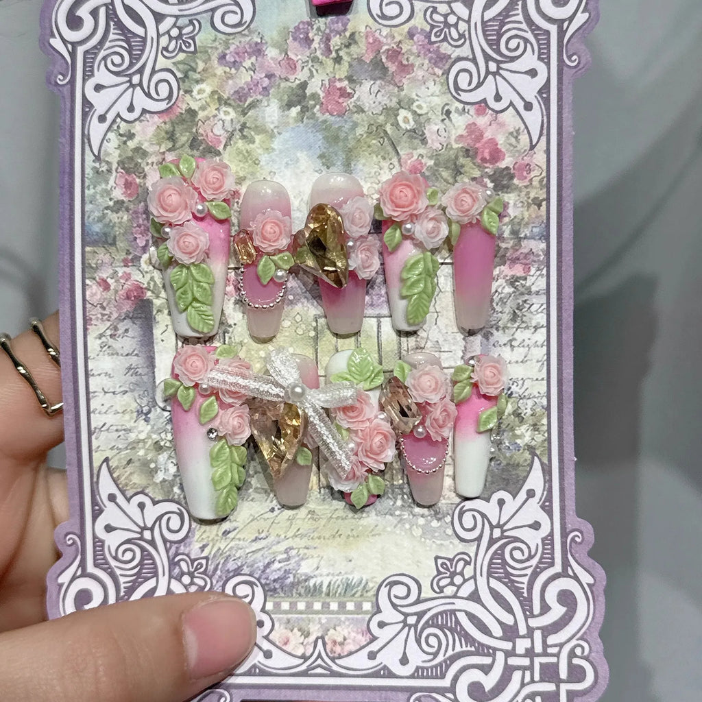 Romantique Floral 3D presse sur ongles à la main Roses feuilles perles arcs mariée mariage Nail Art faux ongles colle sur les ongles pour les femmes