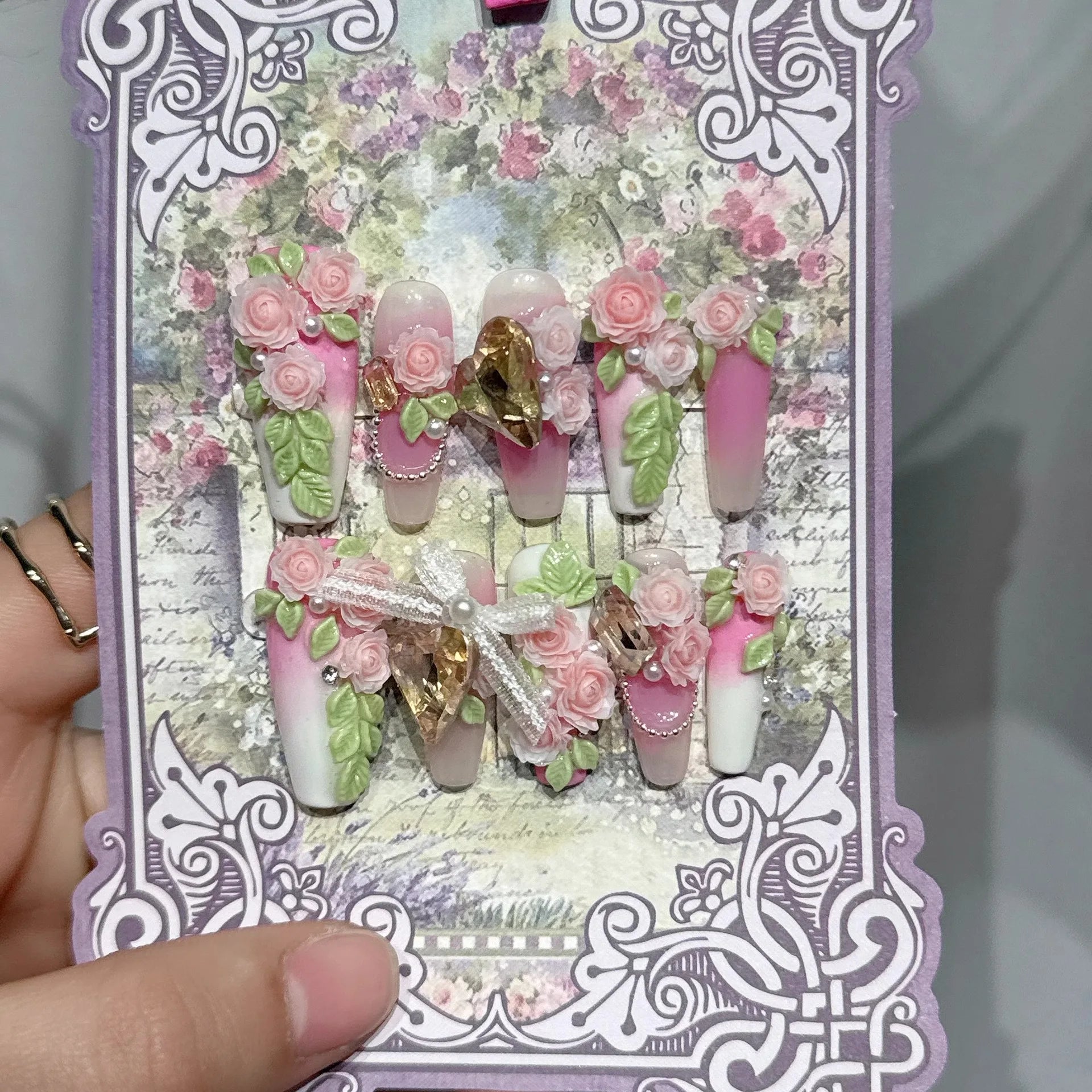 Romantique Floral 3D presse sur ongles à la main Roses feuilles perles arcs mariée mariage Nail Art faux ongles colle sur les ongles pour les femmes