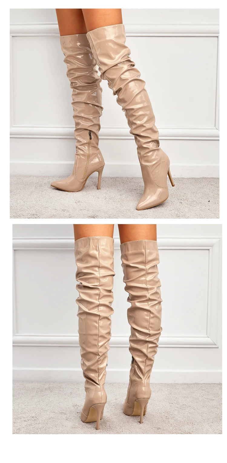 Bottes pour femmes au-dessus du genou, talons hauts, cuir verni, unies, bout pointu, talon aiguille, fermeture éclair latérale, chaussures féminines.