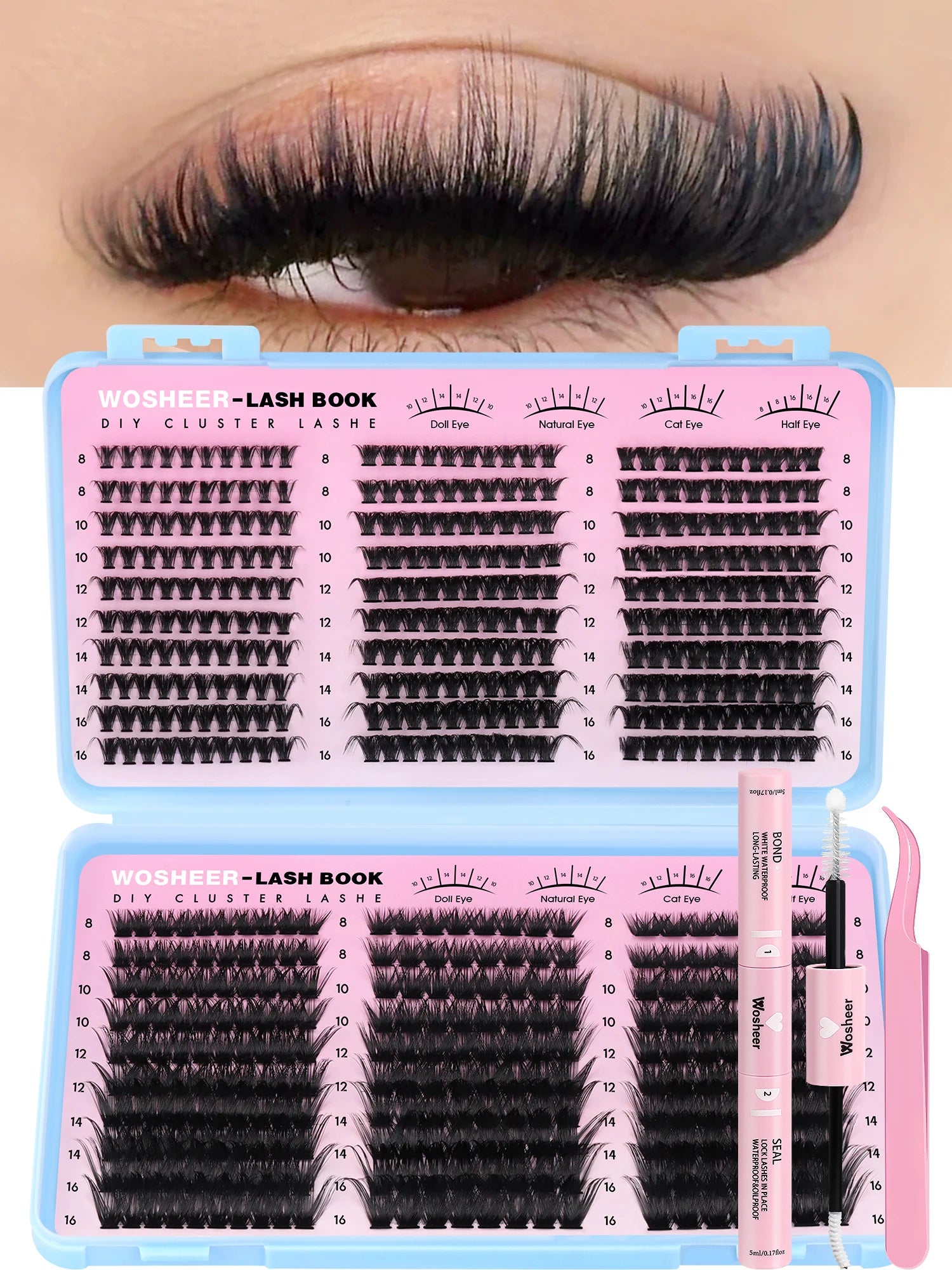 Kit de bouquets de faux cils – Extensions de cils individuelles en bouquets, effet volumineux et léger, plateau de tailles mixtes, avec colle et fixateur pour cils (Lash Bond & Seal) ainsi qu’une pince applicatrice incluse.