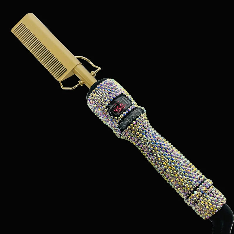 Peigne chauffant électrique lissant, spécialement conçu pour les cheveux texturés, crépus et afro. Idéal pour lisser, coiffer et mettre en forme les cheveux rapidement.