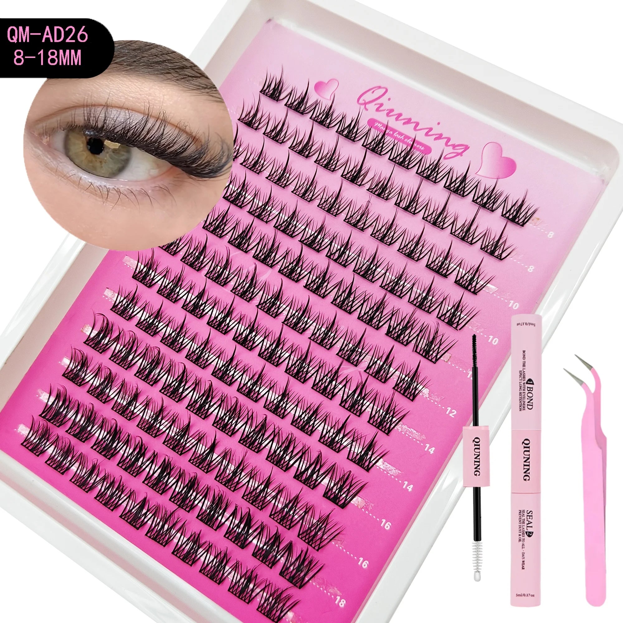 Kit de bouquets de cils type manga QIUNING (cils “cat eye”) avec colle et fixateur pour extensions de cils en grappes, plateau mixte de bouquets de cils.