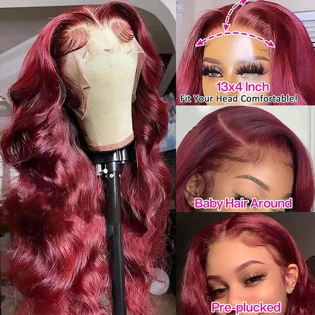 Sublime perruque bordeaux 99J en cheveux humains 100 % naturels avec texture Body Wave. Dentelle HD 13x4 ou 13x6 pour un effet cuir chevelu ultra réaliste. Ligne capillaire pré-épilée pour un rendu naturel, densité 200 %