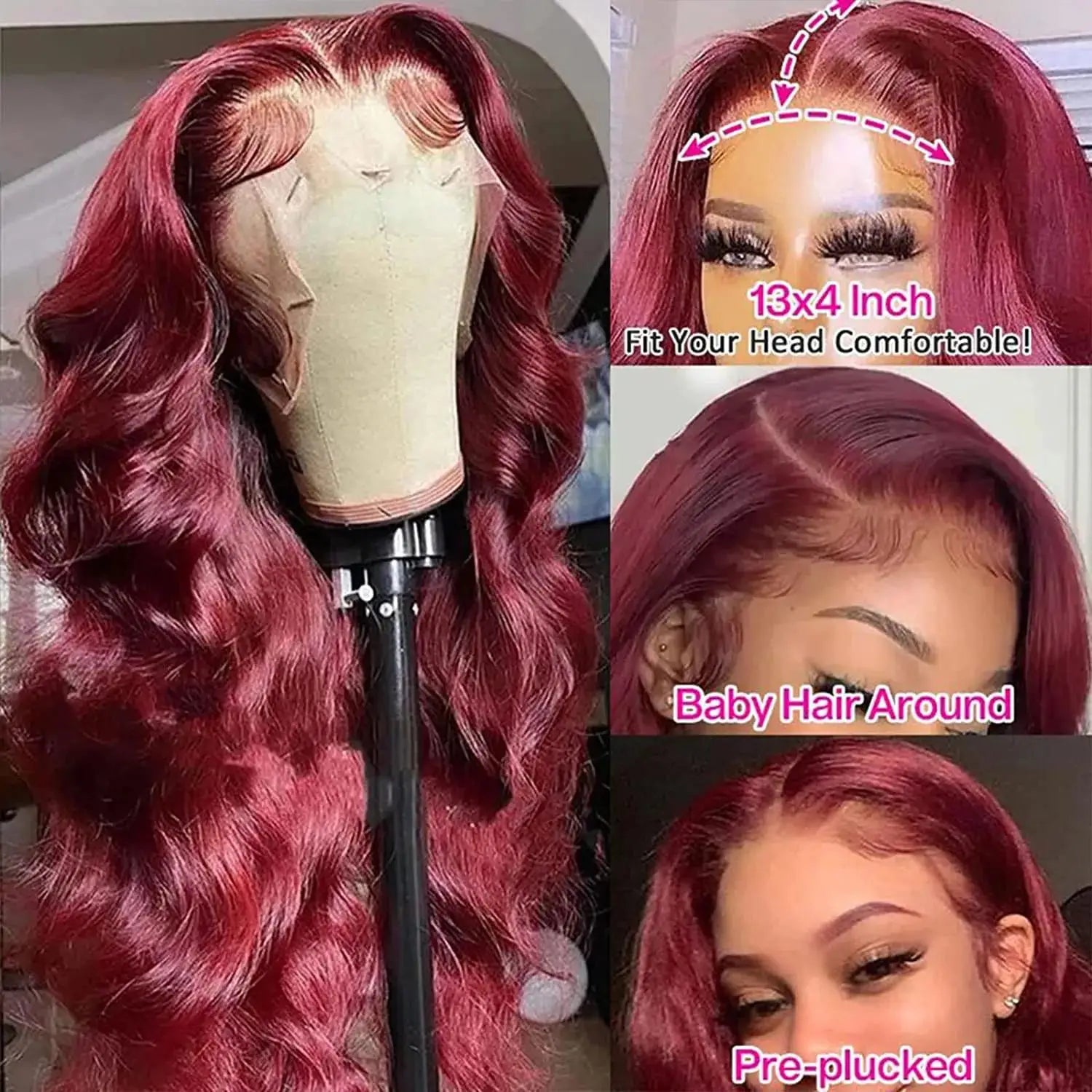 Sublime perruque bordeaux 99J en cheveux humains 100 % naturels avec texture Body Wave. Dentelle HD 13x4 ou 13x6 pour un effet cuir chevelu ultra réaliste. Ligne capillaire pré-épilée pour un rendu naturel, densité 200 %