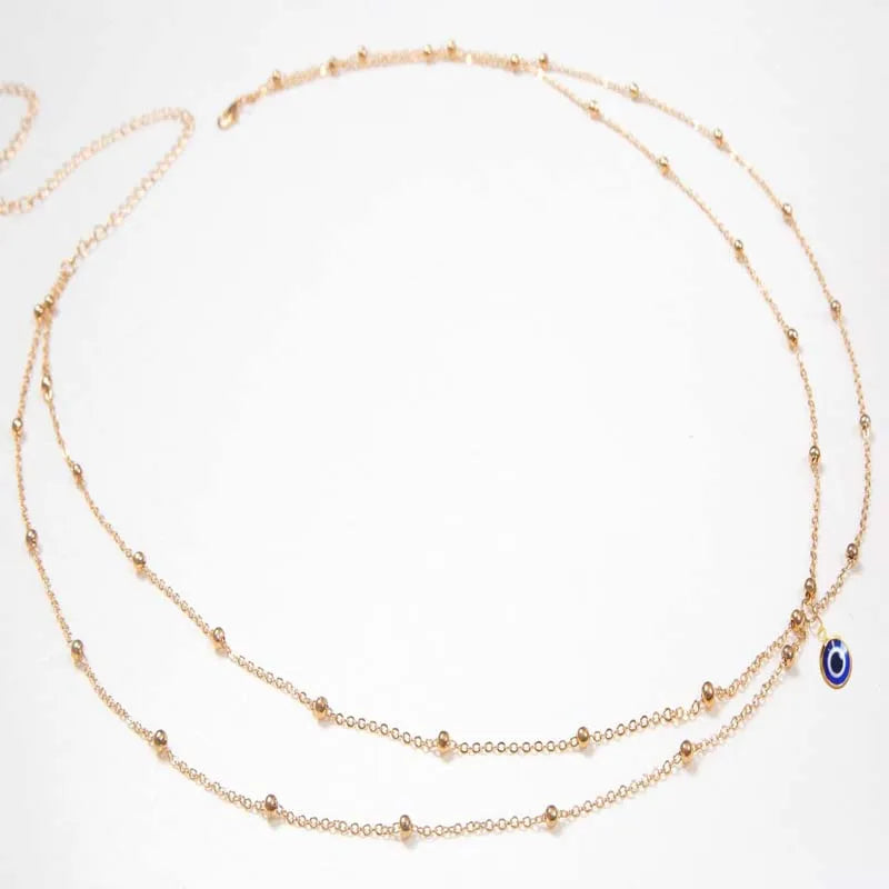 Chaîne de taille perlée Double couche pour femmes, Simple, couleur or, croix ronde en métal, chaîne de corps, accessoires de bijoux pour Bikini