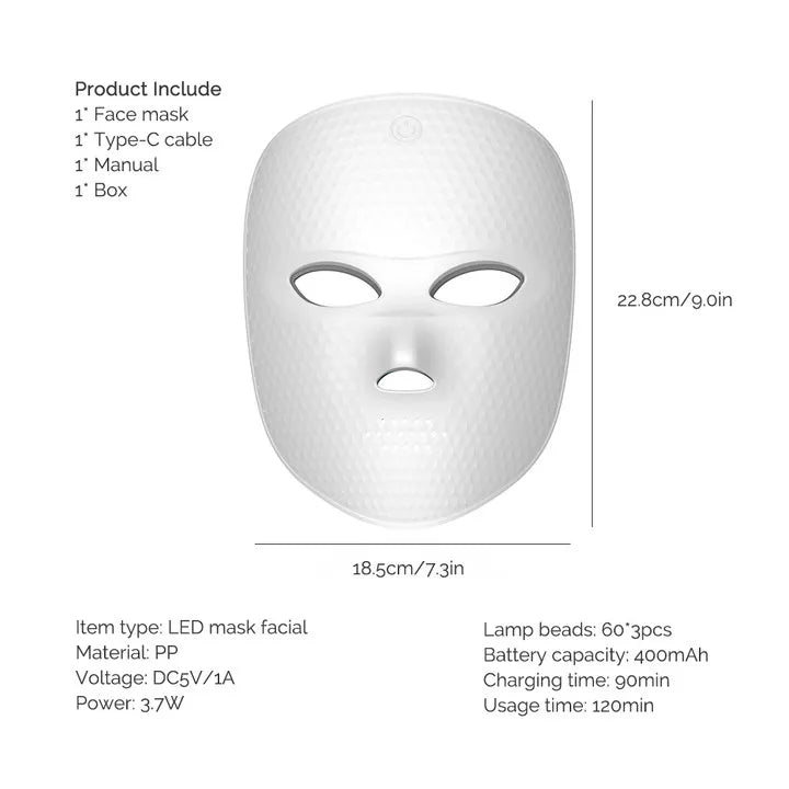 Masque facial LED7 couleurs de luminothérapie, utilisant la lumière rouge et d’autres couleurs pour aider à lutter contre les signes de l’âge, favoriser le rajeunissement de la peau et illuminer le teint. Appareil de beauté conçu pour amélioré l’apparence
