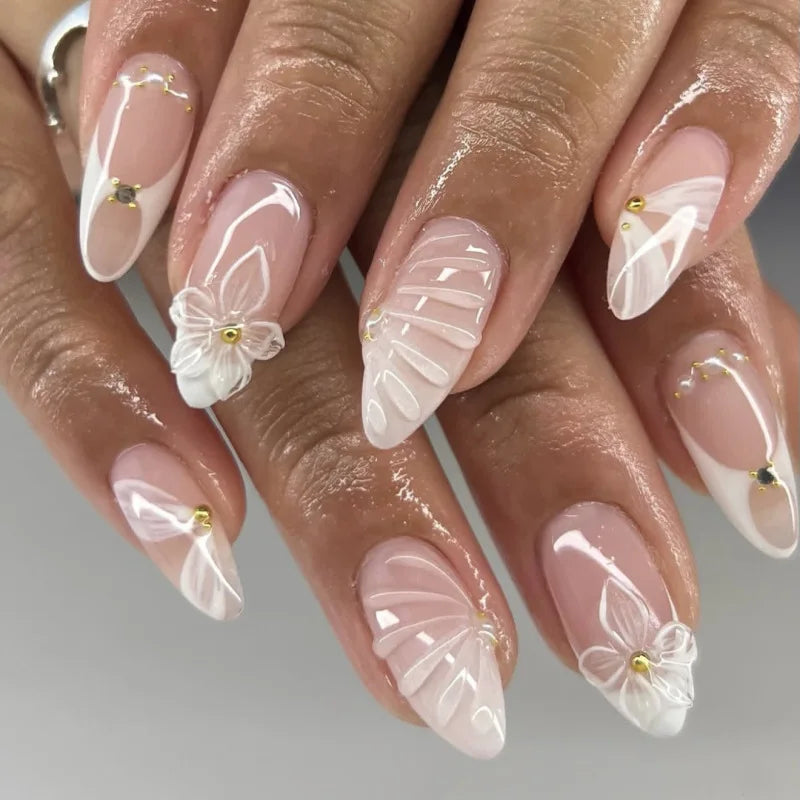 24 pièces de faux ongles à fleurs, style tendance, avec effet dégradé jaune et rose. Ongles portables à couverture complète, forme amande , à poser directement (Press-On Nails).
