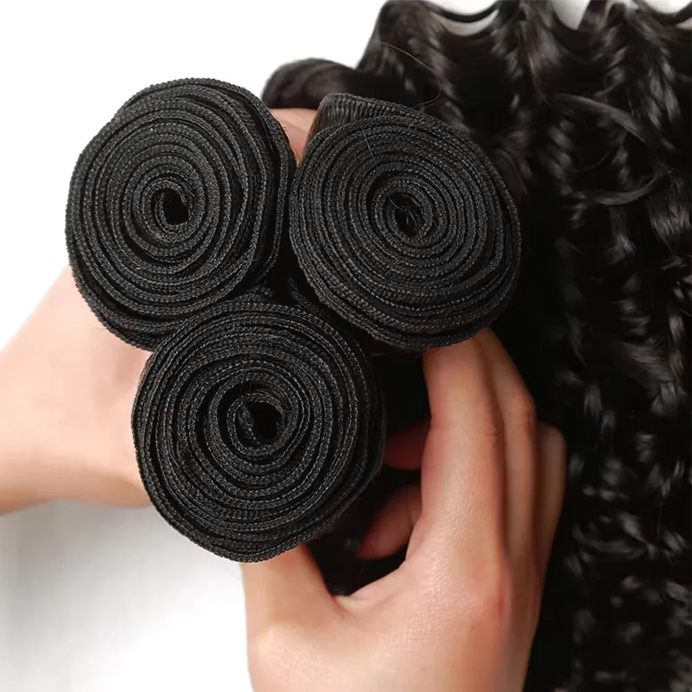 Extensions de cheveux brésiliens Remy, ondulés profonds, couleur naturelle, 38-40 pouces, non traités, 1/3/4 pièces