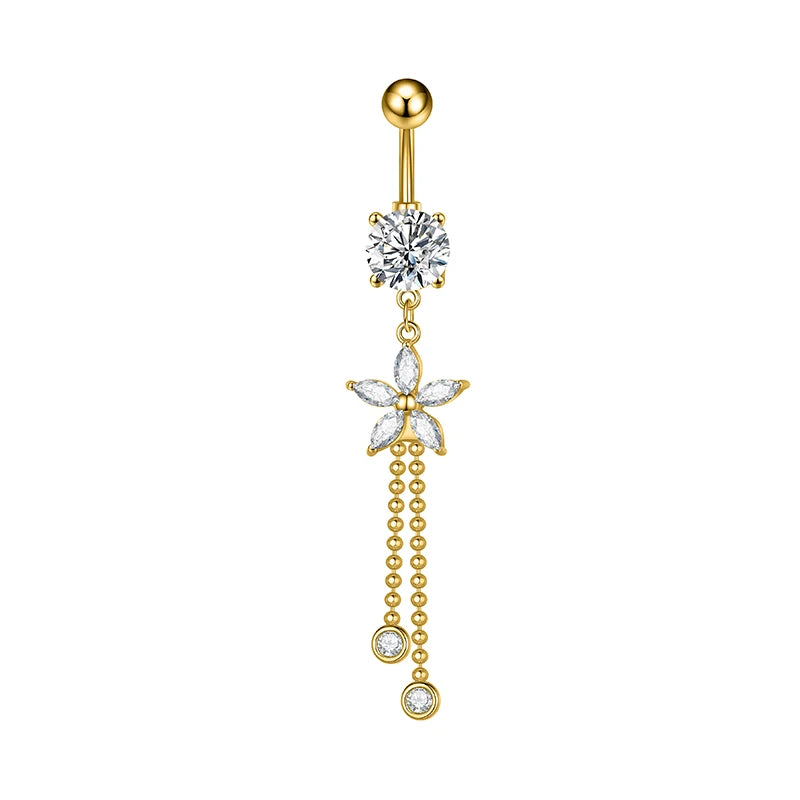 Anneaux de nombril série couleur or, carillon éolien, fleur pendante, cœur, anneau de ventre en acier inoxydable, bijoux de perçage de nombril, 1 pièce