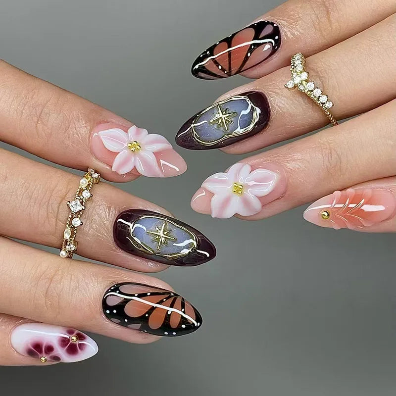 24 pièces de faux ongles à fleurs, style tendance, avec effet dégradé jaune et rose. Ongles portables à couverture complète, forme amande , à poser directement (Press-On Nails).