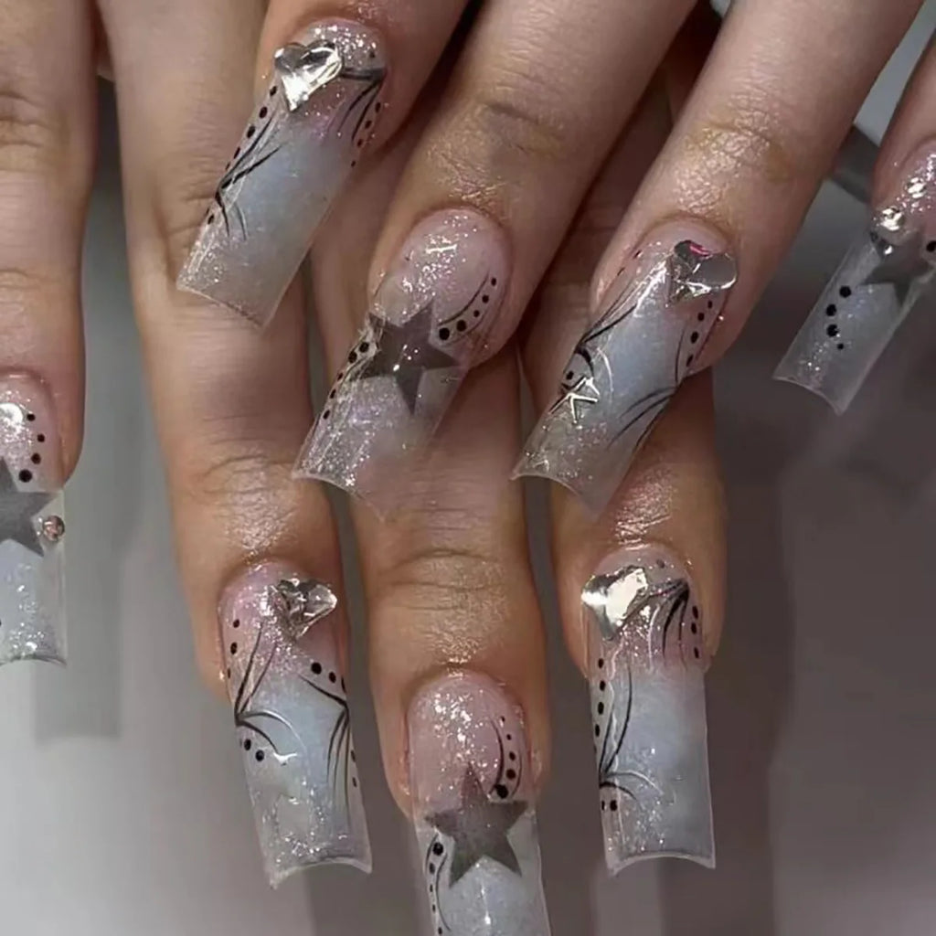 24 faux ongles longs carrés à presser, motif léopard, design cerise 3D, strass, couvrance totale, prêts à poser