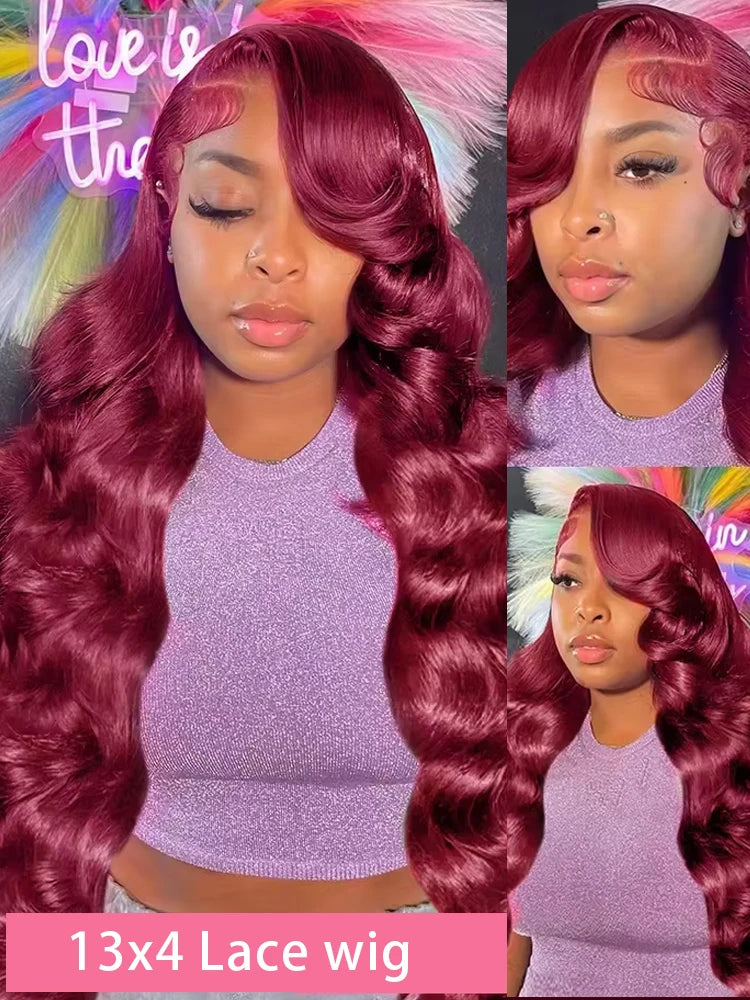 Sublime perruque bordeaux 99J en cheveux humains 100 % naturels avec texture Body Wave. Dentelle HD 13x4 ou 13x6 pour un effet cuir chevelu ultra réaliste. Ligne capillaire pré-épilée pour un rendu naturel, densité 200 %