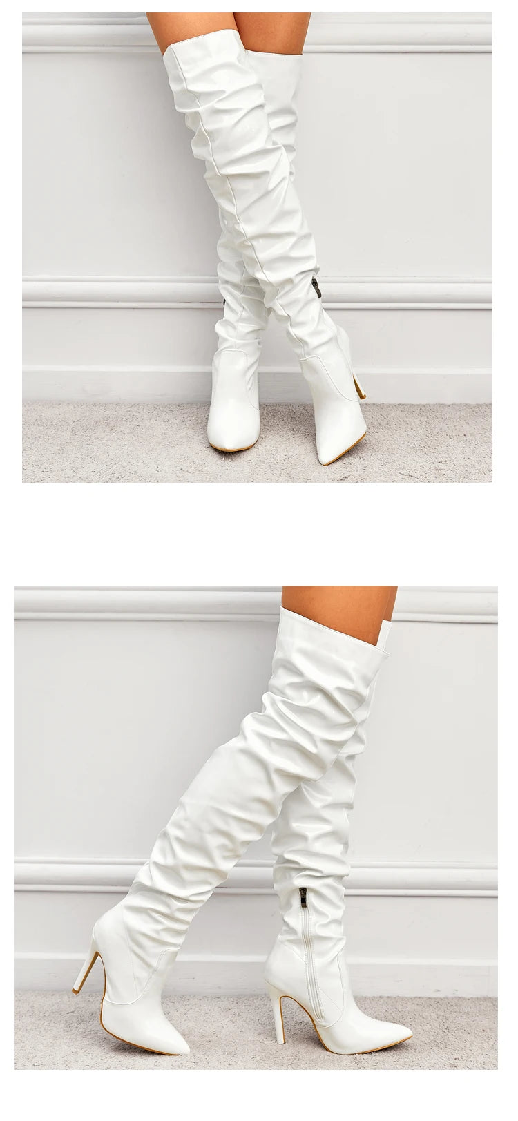 Bottes pour femmes au-dessus du genou, talons hauts, cuir verni, unies, bout pointu, talon aiguille, fermeture éclair latérale, chaussures féminines.