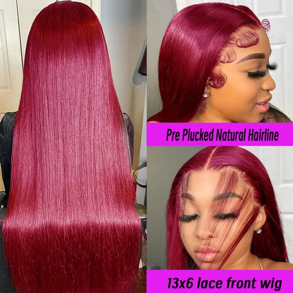 Perruque en cheveux humains raides 99J bordeaux, lace front HD 13x6, wig rouge colorée, pré-épilée, cheveux brésiliens, lace transparente frontale.