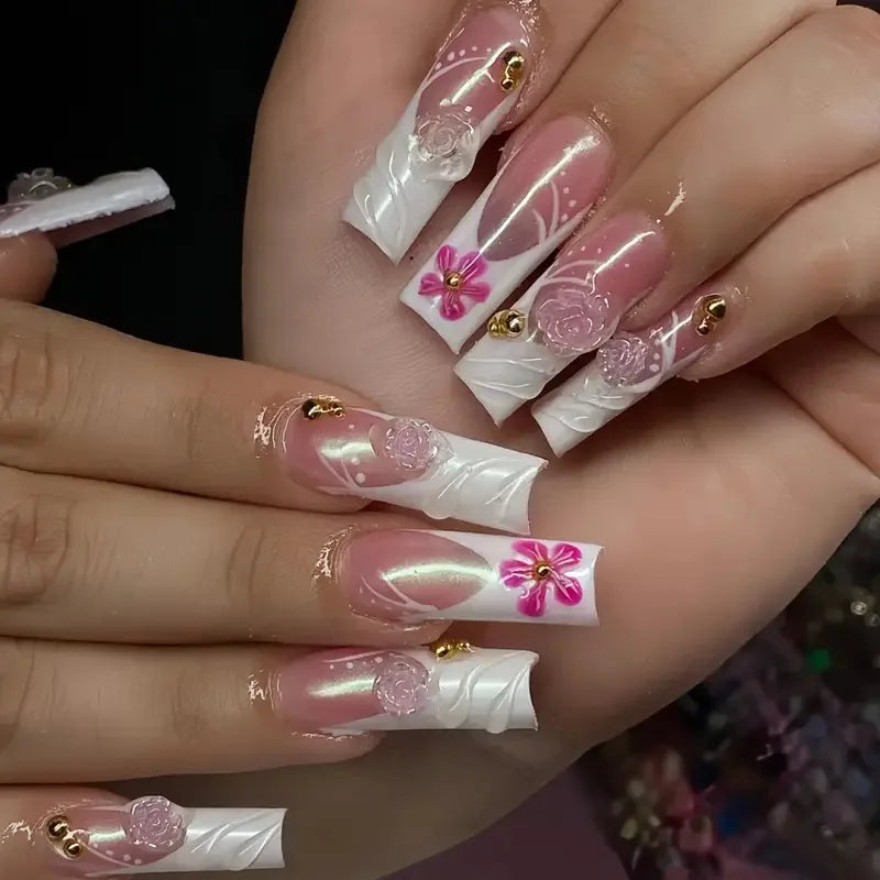 24 pièces – faux ongles longs carrés style français, design cœur 3D, ongles press-on avec strass, motif décoratif, faux ongles portables pour nail art