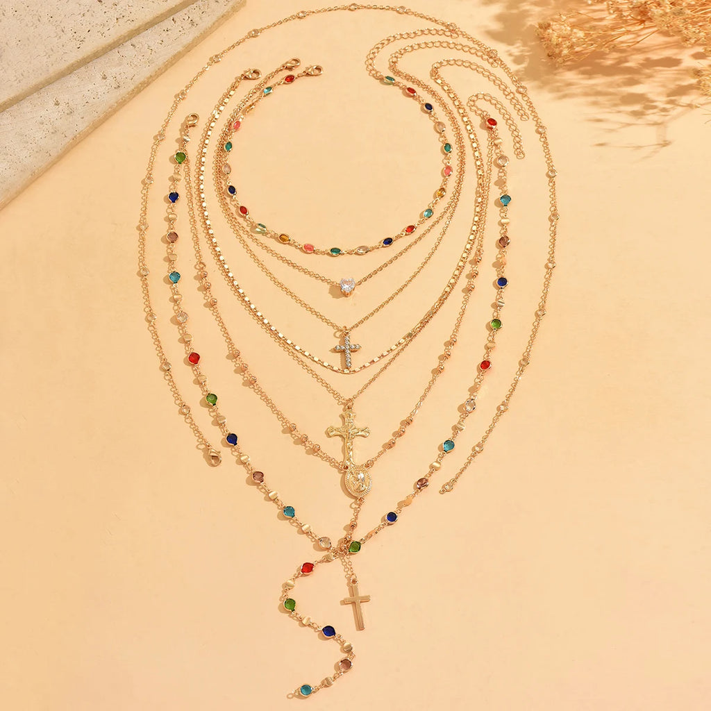 Ensemble de 5 colliers pendentifs croix superposés dorés avec strass colorés, style Y2K, réglables, bijoux de mode estivaux pour femmes