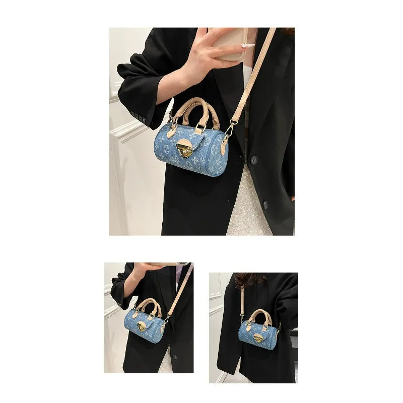 Sacs en jean tendance pour femmes, sacs bandoulière élégants et polyvalents, sacs à main cylindriques ronds à la mode