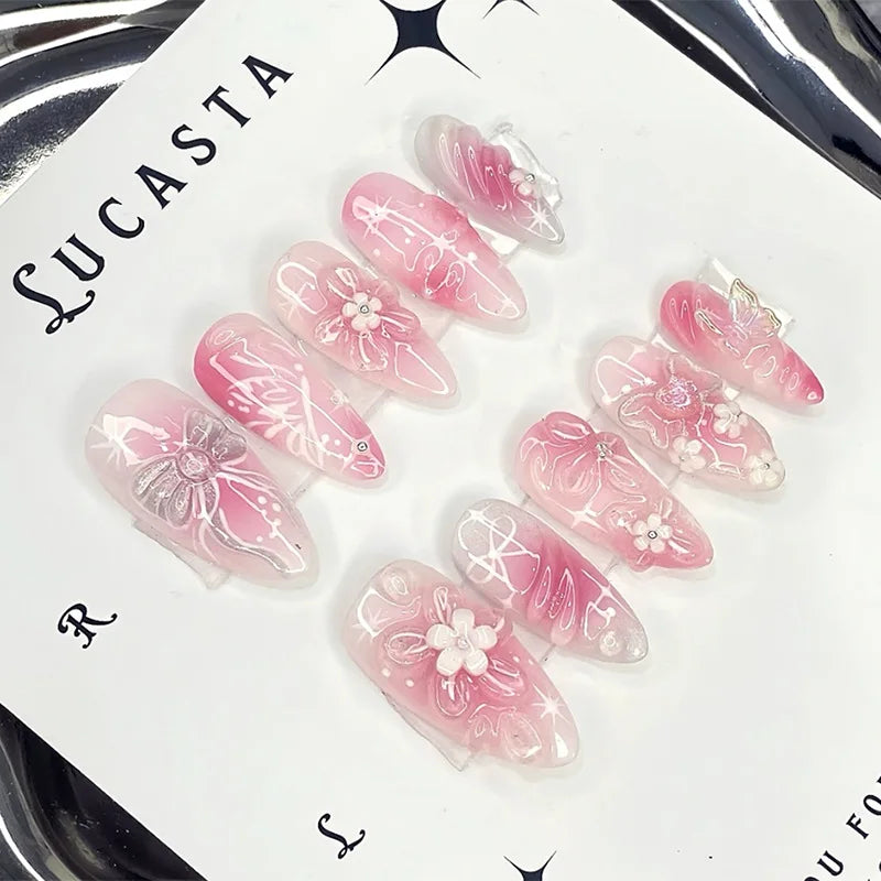 24 pièces mi-long doré amande ongles ensemble presse sur 3D fleur dégradé rose couverture complète faux ongles conseils perle réutilisable faux ongles