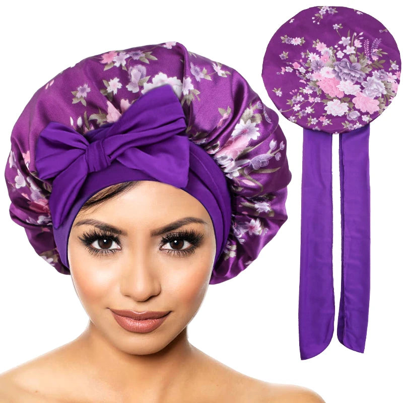 Nouveau Bonnet en Satin pour dormir, couverture de cheveux bouclés, Bonnet de nuit soyeux pour femmes, grand Bonnet de sommeil soyeux avec cravate